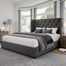 Full Bed Frame With Velvet Button-Tufted Headboard , Upholstered Bed Frames, Soft Fabric, Button Tufted Headboard With Windback, Curved Wingback Design,  Queen Bed Frame/ King Bed Frame/ Full Size Bed Frame, Pink/ White/ Grey - 灰色 - 查看 1