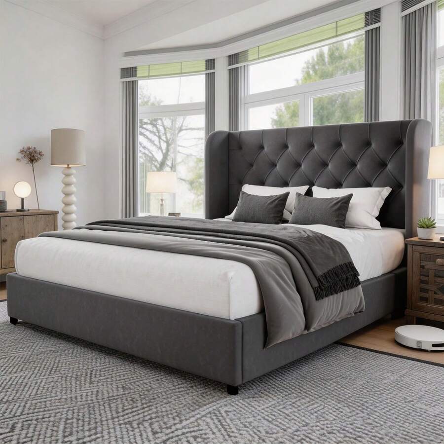 Full Bed Frame With Velvet Button-Tufted Headboard , Upholstered Bed Frames, Soft Fabric, Button Tufted Headboard With Windback, Curved Wingback Design,  Queen Bed Frame/ King Bed Frame/ Full Size Bed Frame, Pink/ White/ Grey - 灰色 - 查看 1