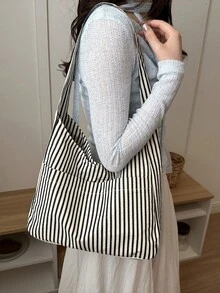 Large Capacity Women's Cloth Bag, Shoulder Bag, Casual Versatile Striped Tote - Black and White - View 2