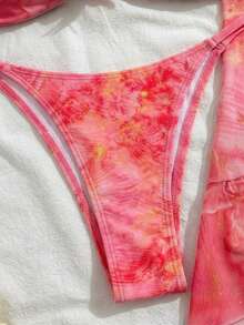 3件套女士印花优雅性感露背系带3D花朵裙比基尼套装，适合海滩度假穿着，春夏假期 - 玫瑰紅 - 查看 6