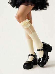 1 đôi tất nữ màu vàng nhạt kiểu Lolita dễ thương, thắt nơ, phong cách sinh viên, dễ thương, phù hợp để mặc hàng ngày. - Nhiều màu - Xem 3