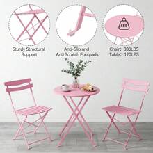 LIZHOUMIL 3 Piece Foldable Patio Bistro Set, Outdoor/Indoor Metal Table And Chairs Furniture, Compact Round Table With 2 Folding Chairs For Balcony, Porch, Garden, Apartment, Small Space - Pink - View 2
