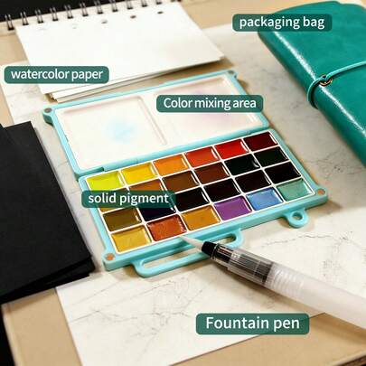 opeth 24 Color Children Solid Watercolor Paint Set, Pearl Pigments, Includes 8 Watercolor Papers, 7 Black Cards, 1 Fountain Pen, Artist Creation Paints, Blue Leather Packaging, Suitable For Halloween, Birthday, Carnival Gifts, Convenient For Outdoor Painting