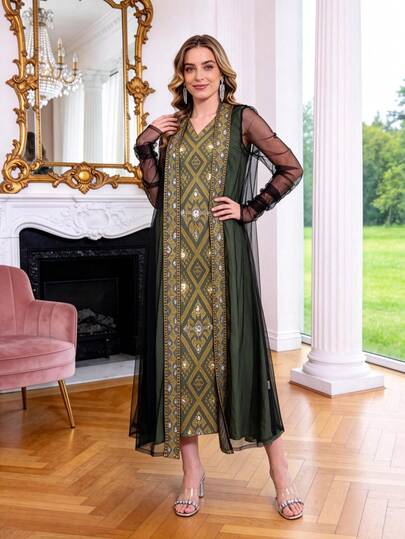 Đầm Abaya thêu nhiều màu sắc trang nhã, trang phục Ramadan, chất liệu vải dệt mềm mại thoải mái màu xanh lá cây, thiết kế váy voan đen phủ ngoài, đầm Jalabia truyền thống Trung Đông, thích hợp cho những buổi đi chơi thường ngày và các buổi tiệc tùng, trang phục truyền thống Eid Al-Fitr.