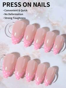 24片粉色波点长款假指甲，包含1瓶果冻胶和1把指甲锉，短款波点美甲让您的指尖闪耀动人，适合派对、跳舞和日常使用。 - 粉色 - 查看 2