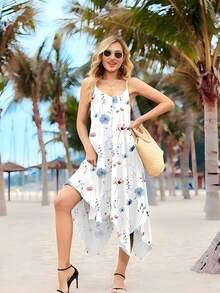 Plus Size Women Floral Print Asymmetric Hem Casual Slip Dress Elegant Vacation White Summer - White - View 4