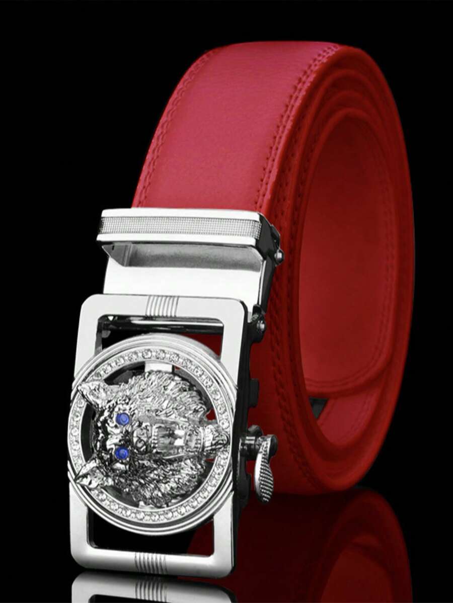 1pc Silver Wolf Head Rhinestone Decor White Leather Automatic Buckle Belt For Men