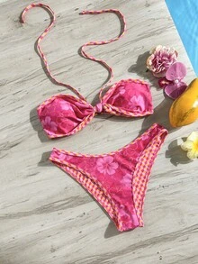 女士泳装比基尼，饰以可爱的热带花卉、波点和格子印花，优雅的海滩/音乐节/都市海滩波西米亚风，适合2026春夏度假穿着 - 中紫紅色 - 查看 2