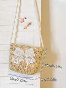 蕾丝蝴蝶结珍珠草编斜挎包，度假风拉链小水桶包，旅行零钱包 - A - 查看 3
