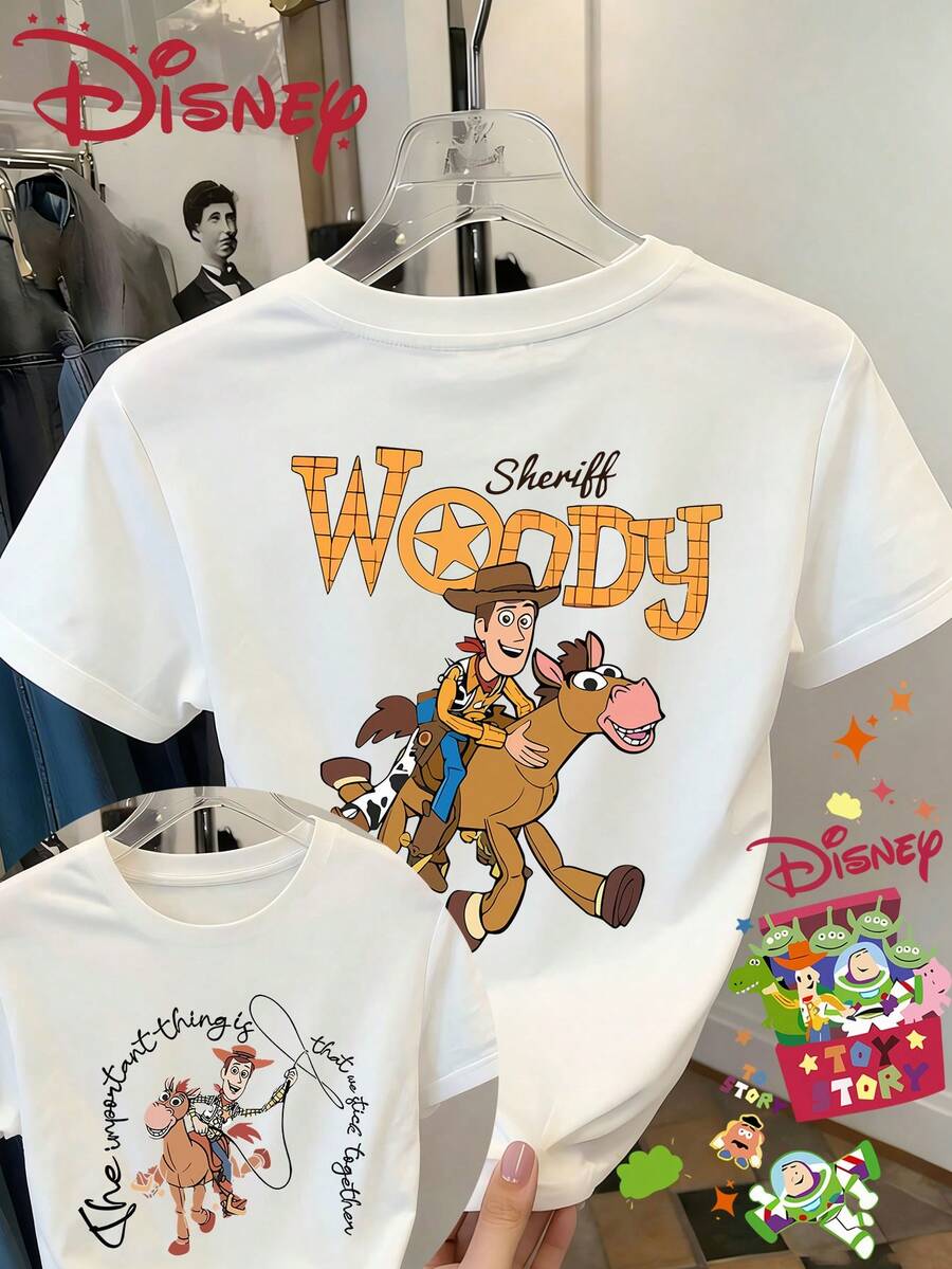 Disney Summer Clothing Woody Riding Western Style Double-Sided Printed Round Neck Short Sleeved Women's T-Shirt, Versatile Retro Casual Sexy Cute Vacation Style, Suitable For Outdoor Wear - 白色 - 查看 1