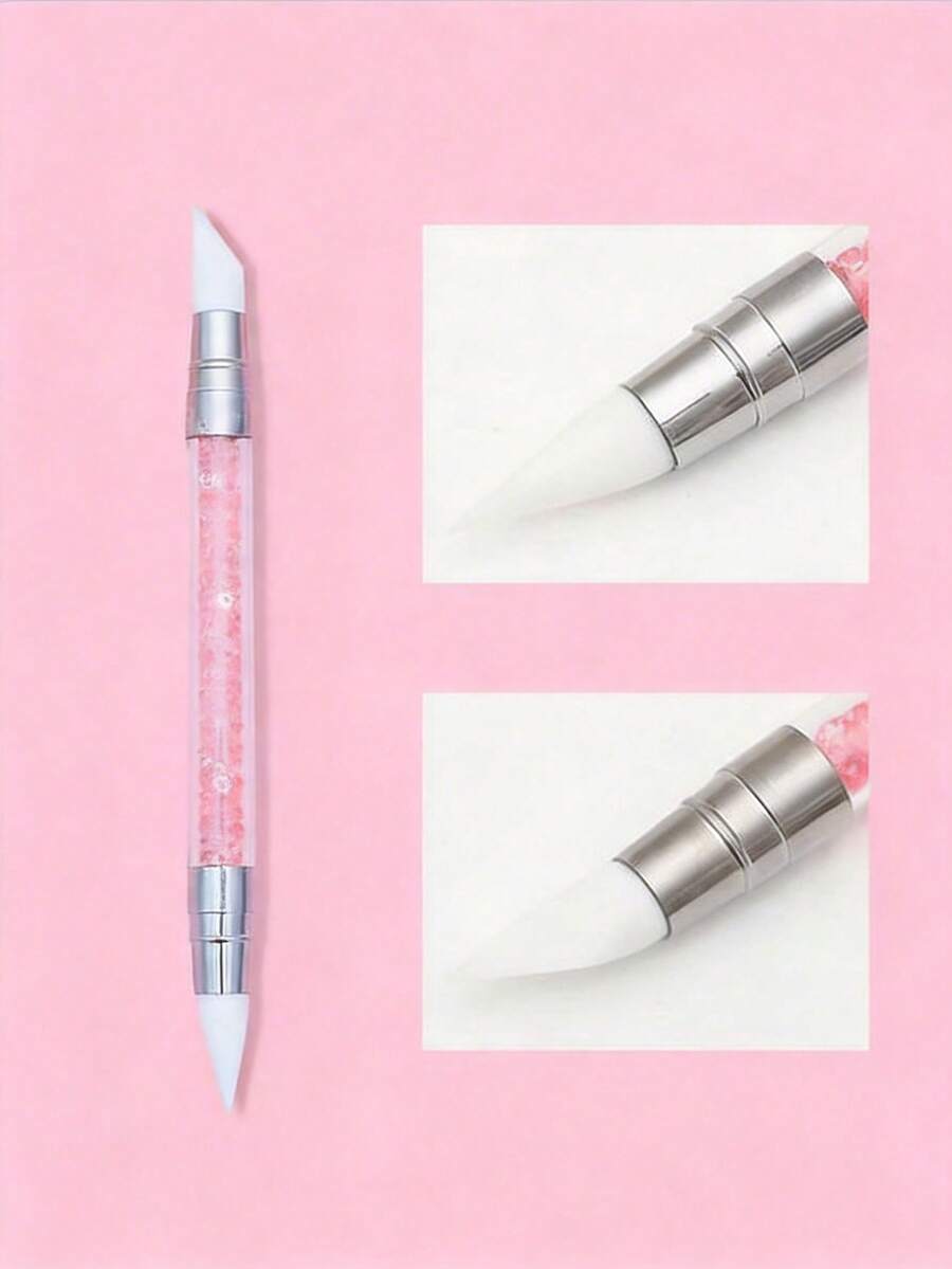 1pc Pink Diamond Nail Art Silicone Embossing Pen, Multifunctional Double-Ended Silicone Pen, Sticker Pressing Rod, Carving Embossing Pen, Nail Art Auxiliary Tool, 5pcs/Pack Wholesale - Pink - View 1