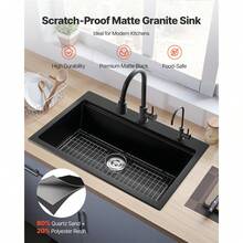 84 Cm Kitchen Sink Workstation, Top Mount Granite Sinks, Drop-In Single Bowl Farmhouse Basin With Multiple Accessories, Household Dishwasher Sink For RV, Prep Kitchen, And Bar (Black) - 84 Cm, Top Mount 10' Basin - View 2
