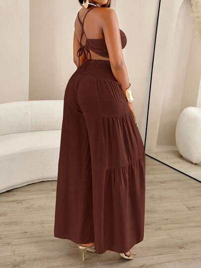 AIJ Bộ đồ nữ mùa hè gồm áo hai dây và quần ống rộng xếp ly.