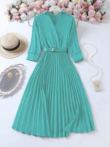 Plus Size Elegant Waist-Cinched Pleated Dress With Belt, Suitable For Spring/Summer, Formal Occasions, Weddings, Birthdays, And Teacher Outfits - Mint Green - View 5