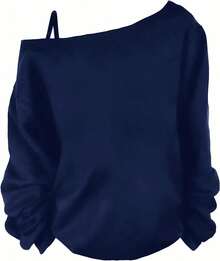 Women's Off-Shoulder Long-Sleeve Shirt, Loose Casual Pullover, Lightweight Autumn Top, Blue: Clothing, Shoes And Jewelry - 藍色 - 查看 4