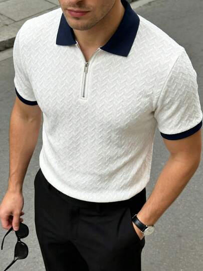 男士夏季提花纹理撞色领半拉链Polo衫，适合日常通勤、旅行、度假和户外活动，休闲简约风格，都市成熟风格，英伦绅士风格