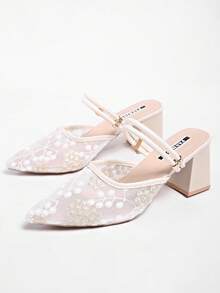 Sandálias de Salto Alto com Tira no Tornozelo, Elegantes, de Malha com Strass, Moda de Verão para Mulheres - Bege - Visão 3