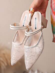 Giày sandal cao gót quai ngang mắt cá chân, mũi kín, đính đá lấp lánh, kiểu dáng thời trang mùa hè mới dành cho nữ. - Màu be - Xem 5
