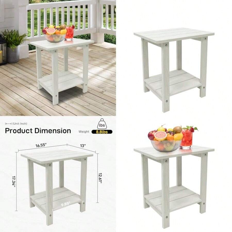 Mesa auxiliar para exterior resistente a la intemperie doble mesa auxiliar Adirondack pequeña mesa auxiliar interior para silla mesa de patio de 17 pulgadas para piscina terraza y porche - Blanco - Ver 1