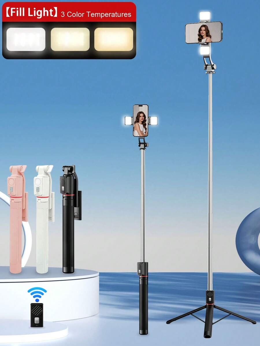 Palo selfie extensible de 170 cm con luz de relleno de 3 colores, control remoto inalámbrico, rotación de 360°, soporte portátil para teléfono, adecuado para transmisión en vivo de , selfie, vlog, viaje