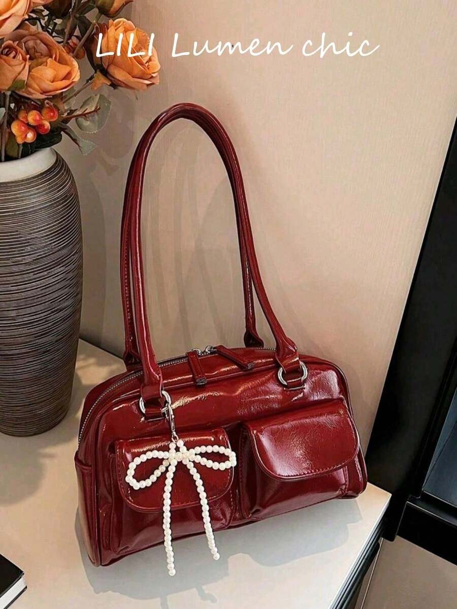 新款经典全彩PU防水面料女士手提包，饰以珍珠蝴蝶结，大容量单肩包，贝壳包，女士钱包，日式保龄球包，适合度假、购物、工作、旅行等各种场合。