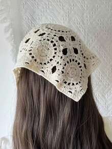 1pc Floral Crochet Headscarf, Triangular Headpiece, Crochet Lace Headscarf, Vintage Headscarf Gift For Women & Girls,Beach,Holiday,Accessories,Travel Essential - Beige - View 5