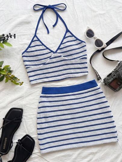 Women's Striped Halter Tie Top And Mini Skirt Casual Outfit, Suitable For Dates And Daily Wear Summer