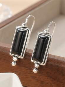 Black Rectangular Synthetic Gemstone Drop Earrings, Retro Style Silver Plated Jewelry Gift For Women - Black - View 4