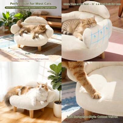 Sofá para gatos con funda de terciopelo de algodón extraíble patas de madera de pino maciza para gatos y perros pequeños color