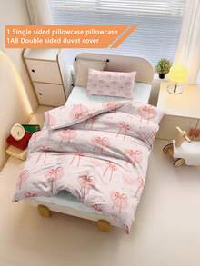 2pcs Pink Bow Heart Cartoon Bedding Set, Double-Sided Printed Bedding Set (Excluding Filler), Suitable For Nursery/Kindergarten, Digital Printing Cute Pattern Duvet Cover And Pillowcase, Suitable For Boys, Girls, Children, Students Dormitory, 100% Polyester - Multicolor - View 5