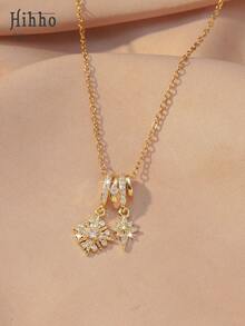 Hihho 1 pieza Collar colgante de lujo con diseño de nicho de doble estrella en oro/plata con strass, versátil gargantilla para reuniones, fiestas, regalo - collar - Ver 8