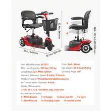 3-Rad-Elektromobil, faltbares Seniorenmobil mit 20 km Reichweite, Mobilitätsroller, All-Terrain-Reiserollstuhl mit Anti-Rutsch-Rädern, 9° Steigfähigkeit & 120 kg Tragkraft, 940x500x840 mm - Demontierbar und klappbar, Rot, 3 Räder, 20 km - Übersicht 7