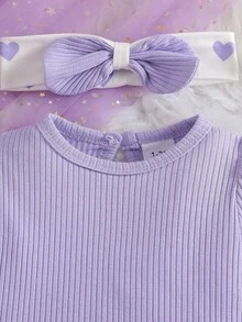 3pcs/Set Newborn Baby Girls Cute Ribbed Puff Sleeve Romper, Heart Pattern Bow Pants And Headband Set, Autumn/Winter - Mauve Purple - View 4