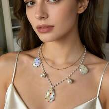 1pc Iridescent Shiny Water Drop Shaped Resin Necklace, Inlaid Colorful Rhinestones & Faux Pearl, Delicate Double-Layer Necklace Suitable For Summer Beach Vacation Casual Outfit Accessory - Double Chain - View 1