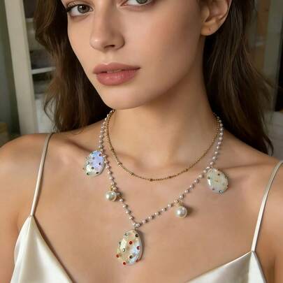 1pc Iridescent Shiny Water Drop Shaped Resin Necklace, Inlaid Colorful Rhinestones & Faux Pearl, Delicate Double-Layer Necklace Suitable For Summer Beach Vacation Casual Outfit Accessory
