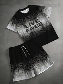 Conjunto deportivo de 2 piezas para hombre talla grande, serie minimalista casual de calle "Textura de salpicaduras de tinta degradada, "LIVE FREE" Letra" - Tela de punto de poliéster, diseño de cuello redondo, pantalones cortos con cordón, detalles de bolsillos, ajuste regular, adecuado para cuerpos de talla grande - Negro - Ver 2
