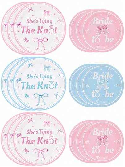 10pcs/40pcs/80pcs Pink Blue Bride To Be & She's Tying The Knot Disposable Paper Plates , 9 Inch& 7 Inch Pink Blue Bow Diamond Design Dinner & Dessert Plates For Bridal Shower Bachelorette Hen Party Wedding Engagement Decorations Supplies Men Women