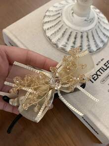 1PC Champagne Mesh Bow Hair Clip For Women, Elegant Rhinestone Crystal Decor, Bridal Wedding Prom Hair Accessories,Summer,Holiday,Travel, Claw Clips - Champagne - View 4