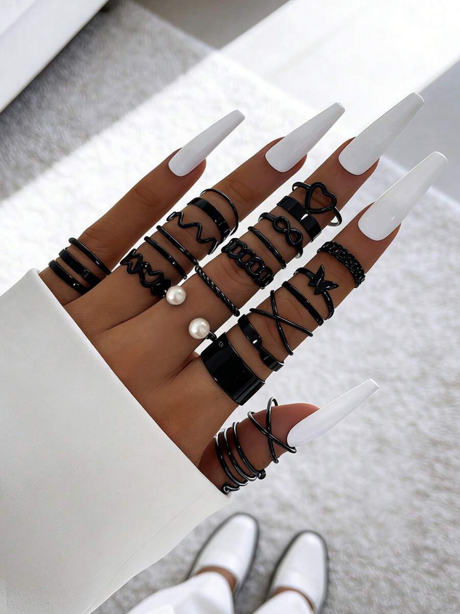 22PCS Punk Style Black Butterfly Faux Pearl Joint Rings, Multi- 8-Figure Heart Infinity Symbol Stackable Ring Set For Women - Black - View 1