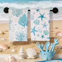 1pc Starfish & Coral Pattern Kitchen Towel/Dishcloth, Cute Style, Quick Drying, Super Absorbent Microfiber Material, Rectangular 40*60CM Digital Printed Pattern, Suitable For Home Kitchen Decor, Outdoor Party Decoration In Summer - Multicolor - View 2