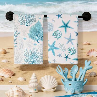 1条海星珊瑚图案厨房巾/抹布，可爱风格，速干，超强吸水超细纤维材质，长方形40*60厘米数码印花图案，适合家居厨房装饰、夏季户外派对装饰