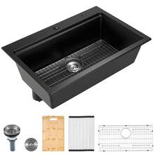 84 Cm Kitchen Sink Workstation, Top Mount Granite Sinks, Drop-In Single Bowl Farmhouse Basin With Multiple Accessories, Household Dishwasher Sink For RV, Prep Kitchen, And Bar (Black) - 84 Cm, Top Mount 10' Basin - View 8