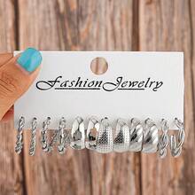 60/48/36/24/12pcs Vintage Classic Punk Style Metal Earrings Set For Women, Elegant Faux Pearl Heart Stud Earrings, Exaggerated Geometric Square Hoop Earrings, Suitable For Daily Wear And Music Festivals, Also An Ideal Gift For Holidays And Mother's Day - Silver - View 5