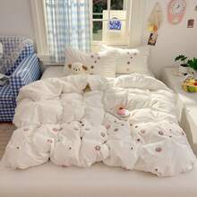 Bộ ga trải giường 3 món bằng vải gạc nhăn mềm mại và thoải mái (1 vỏ chăn + 2 vỏ gối, không bao gồm ruột chăn), kiểu dáng hoa lá đồng quê, phù hợp cho phòng ngủ, phòng khách, bé trai và bé gái, có thể giặt máy. - trắng - Xem 4