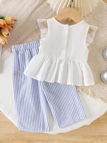 Bộ 2 món cho bé gái, gồm áo không tay và quần kẻ sọc họa tiết hoa thanh lịch có nơ, thích hợp cho mùa hè. - trắng - Xem 2