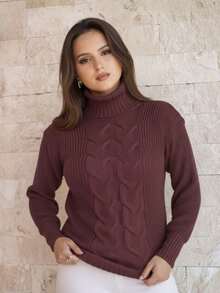 Women's Cold Weather Sweater Turtleneck Wool Puff Sleeve Knitted Knit Braids - 鏽棕色 - 查看 4