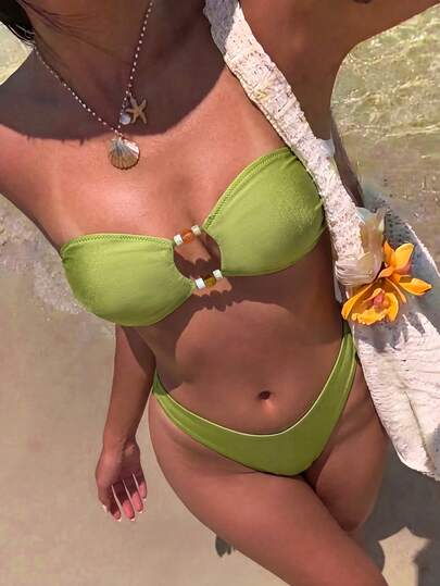 女士纯色休闲搭扣扭结性感露背比基尼两件套，适合海滩度假
