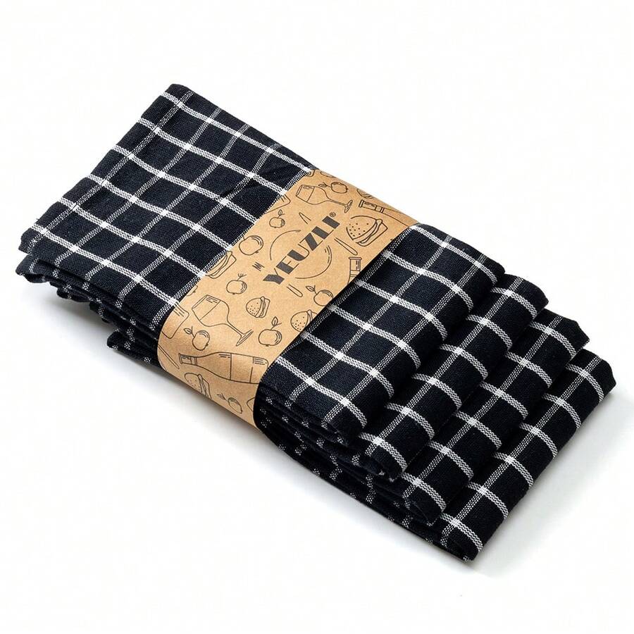 YEUZLI 1/4/10 piezas Paño de cocina de algodón puro clásico, toalla de té extra gruesa y súper absorbente, tamaño 48*65cm/18.89*25.59in, adecuado para secar y limpiar, suave y transpirable paño de cocina multiusos, adecuado para todas las estaciones. - cuadros negros - Ver 1