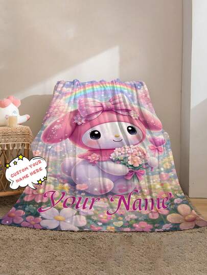 SANRIO 1pc Customized Cartoon Pattern Throw Blanket, Can Customize Personal Name, Printed With Cute And Warm Cartoon Patterns - Soft And Comfortable, Machine Washable, Digital Printed Polyester Fabric Pillow, Suitable For Sofa, Bed, Travel, Camping, Living Room, Office, Seat - Ideal Gift For Family And Friends