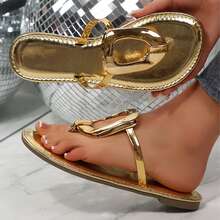 Sandals Flats Slides For Women Round Toe Buckle Decorated Dressy Flip Flops Thong Slide Slippers Summer Casual Beach Shoes - 金色 - 查看 4